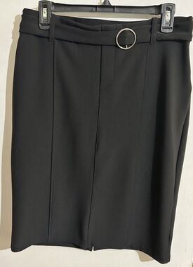 Women's Black Solid Pencil Skirt, Knee Length, Buckle Accent, Front Slit